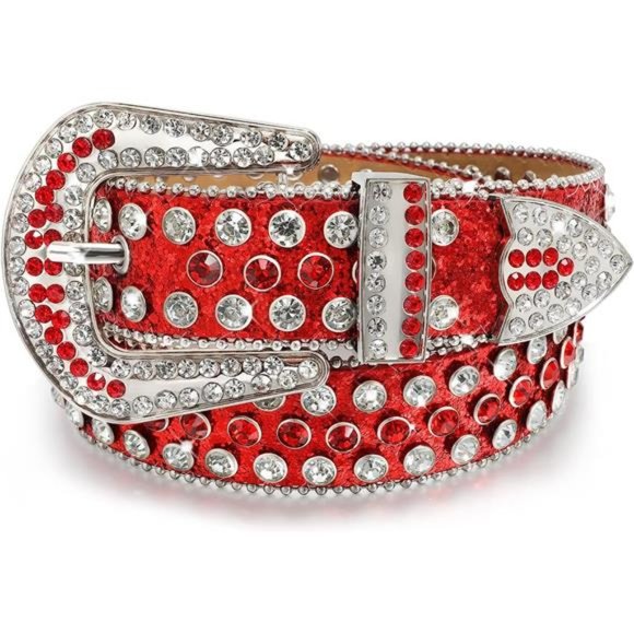 Accessories - Women Men Rhinestones Belt J-red(silver Buckle)